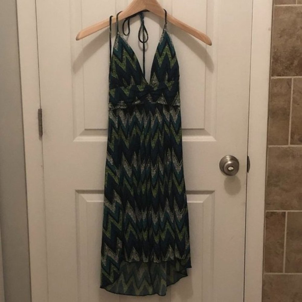 BCX High-Low Blue & Green Halter Tie Dress - Picture 2 of 6